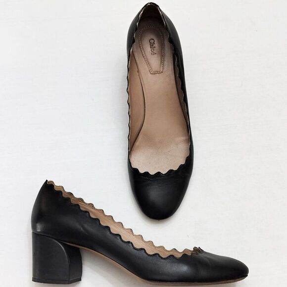 CHLOÉ Lauren Scalloped Leather Pumps Curved Block Heels Slip On 37.5 / 7.5 Black - Picture 1 of 16